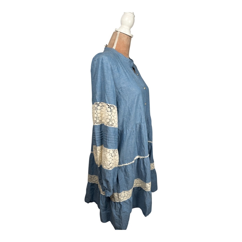 Johnny Was Laguna Pieced Dress Sz Lg Blue Chambray Tunic Lace Trim Bohemian Fall - Picture 8 of 16